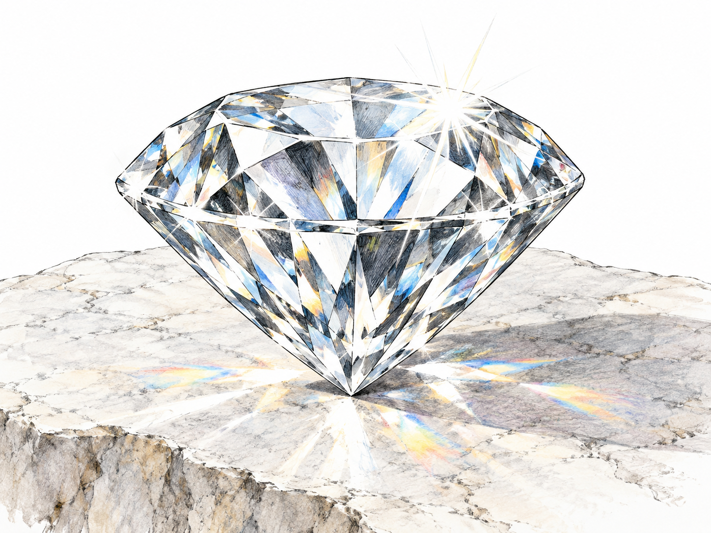 A cut clear gemstone catches strong light, emitting exceptionally bright white highlights and small colored reflections against soft neutral shadows.