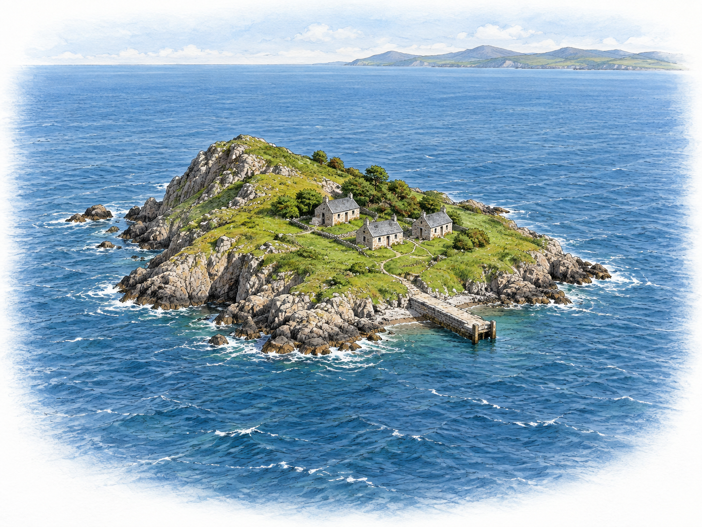 Three cottages occupy a small rocky island separated from the distant mainland by open sea.