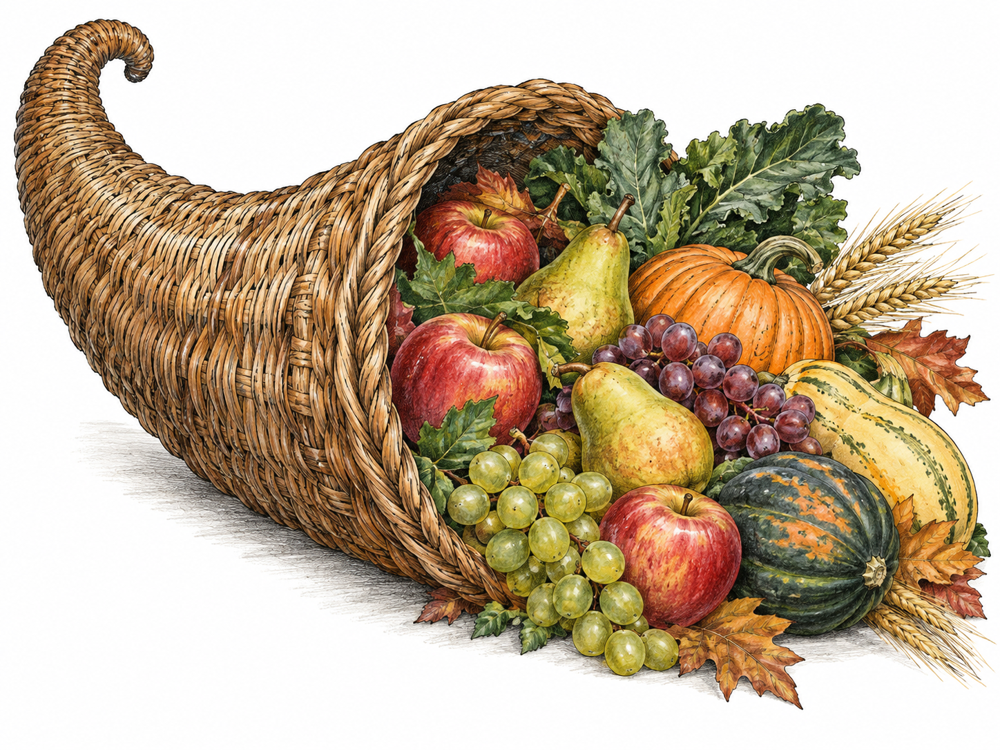 A plainly horn-shaped woven vessel lies on its side, its narrow curved tip fully visible and its wide mouth overflowing with fruits, grain and vegetables.