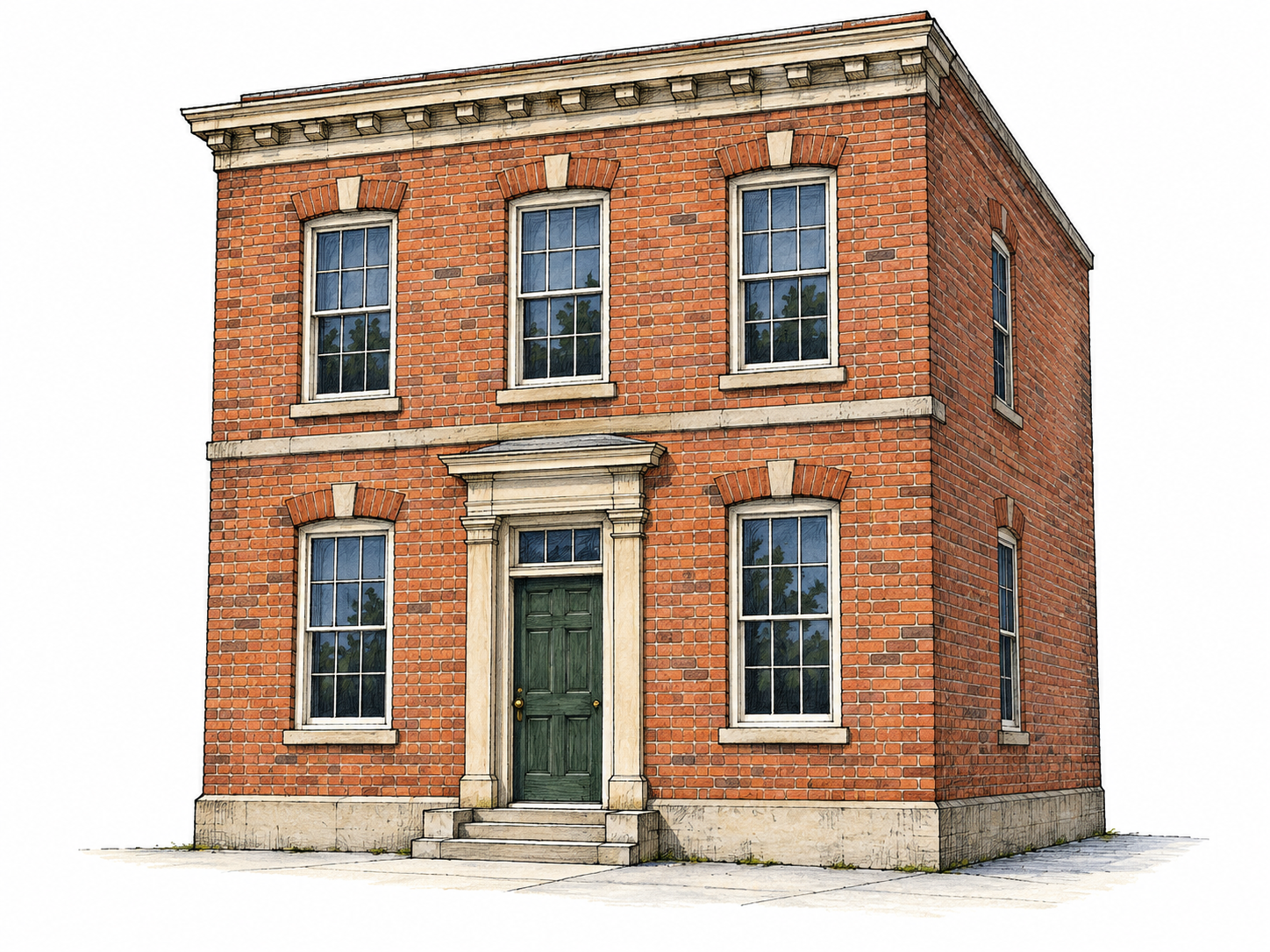 A straight-on three-quarter view of a building focuses on its complete street-facing front: entrance, aligned windows, cornice and a small visible side wall for depth.