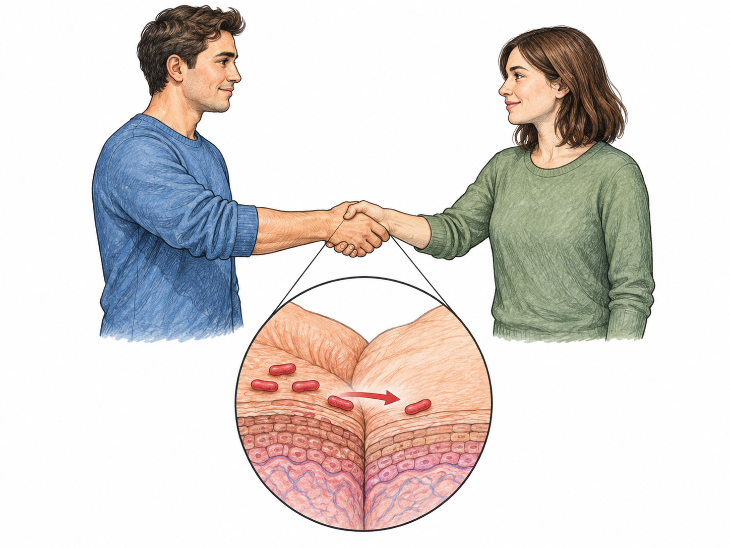 A diagram shows pathogens passing from one person's hand to another's.