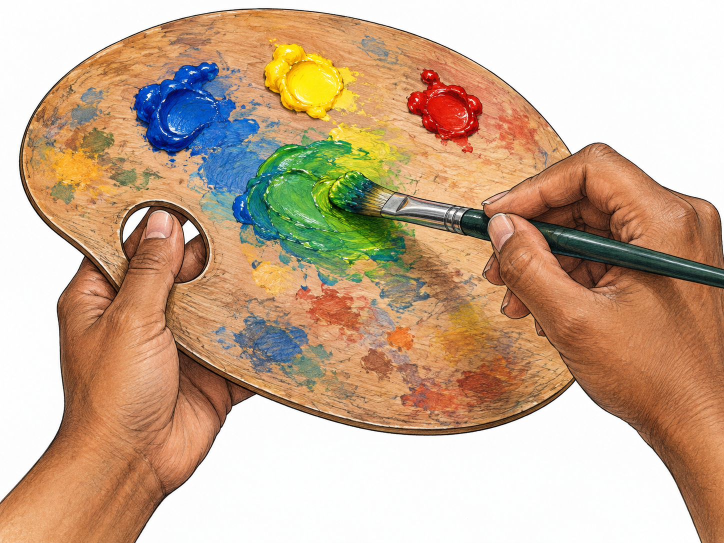 Hands hold a wooden palette while a brush mixes blue and yellow paint into green.