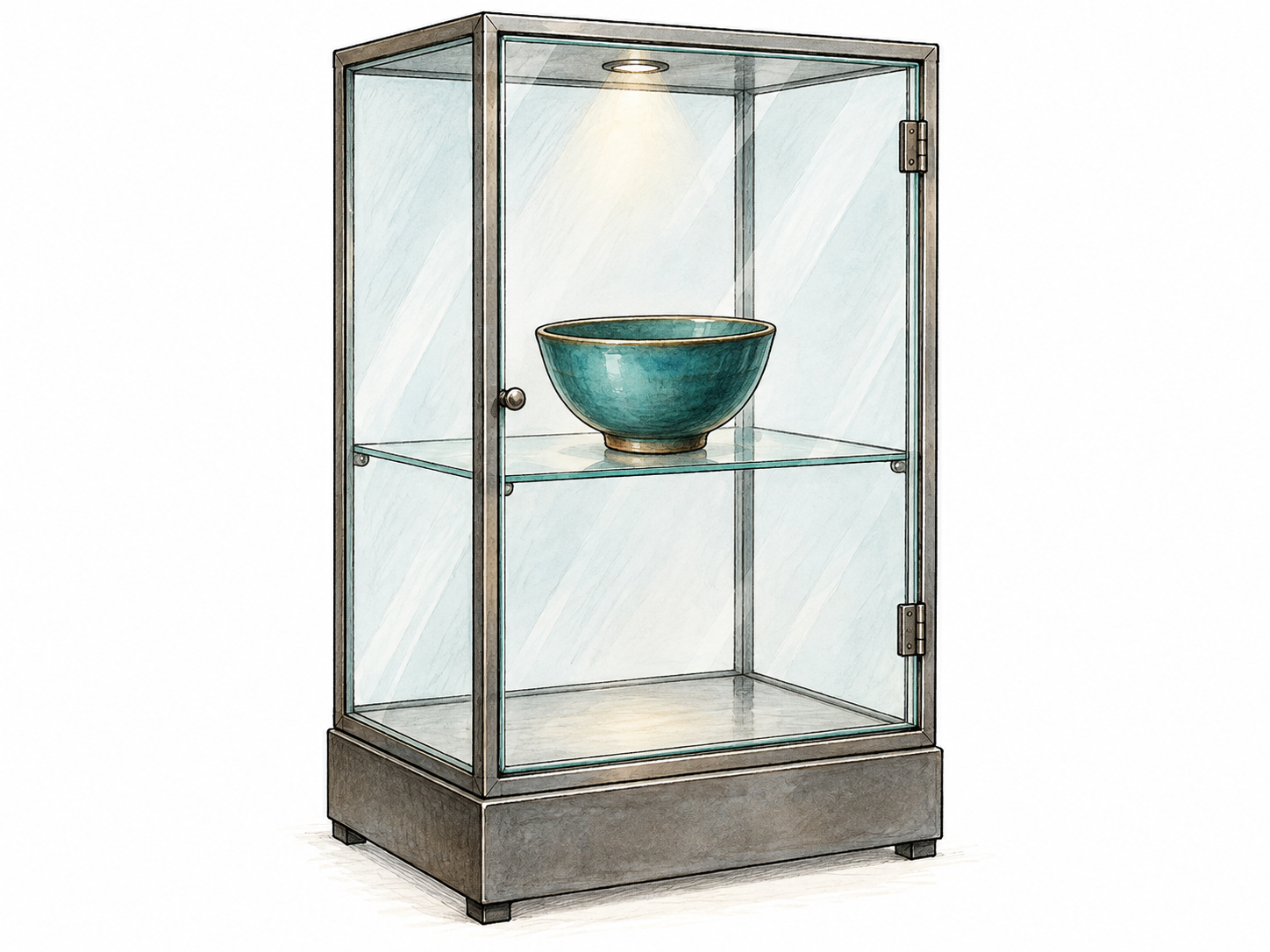 A glass display cabinet encloses a prominently lit ceramic bowl.