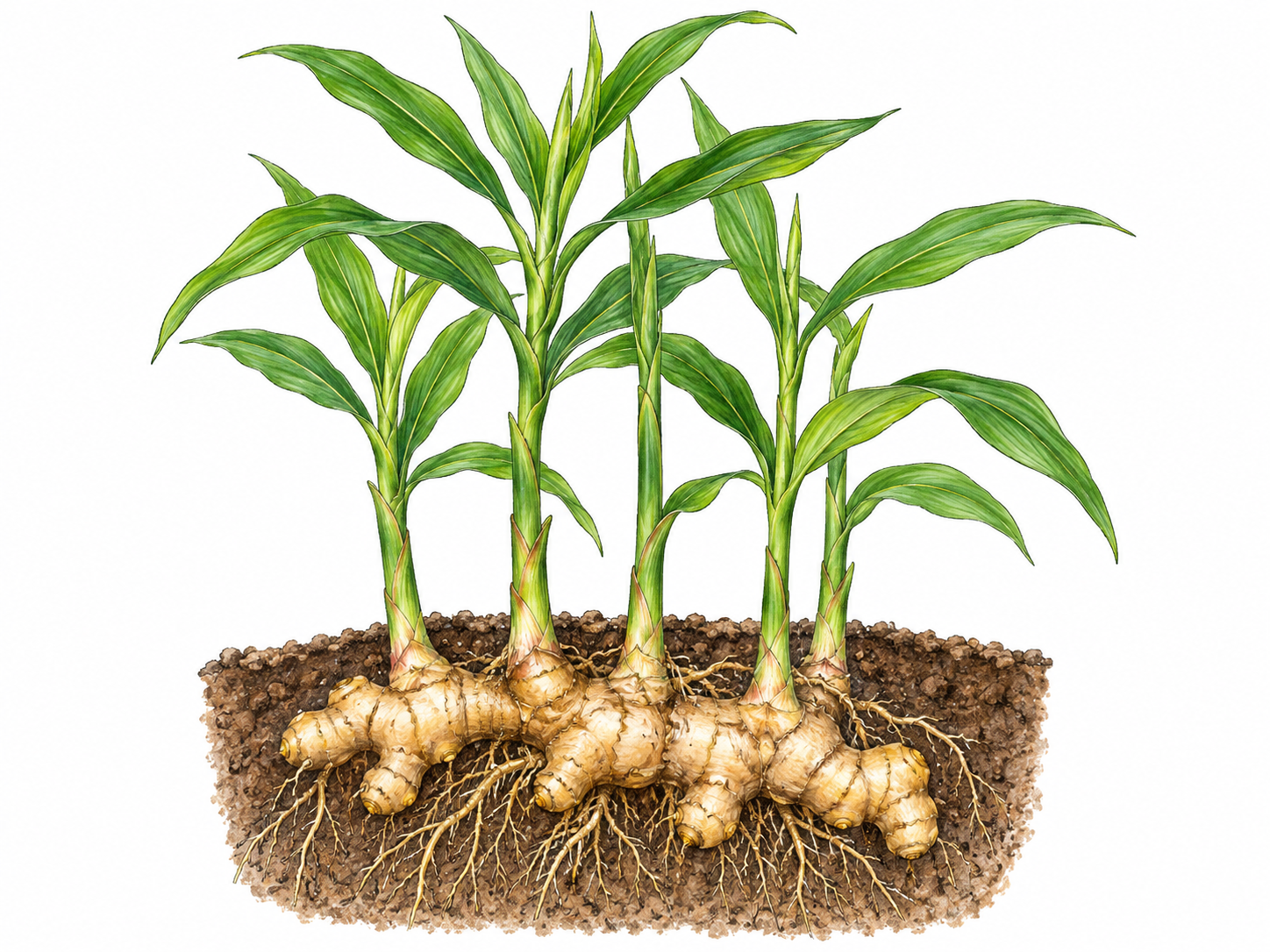 Leafy ginger shoots rise from an attached knobby rhizome revealed in a soil cutaway.