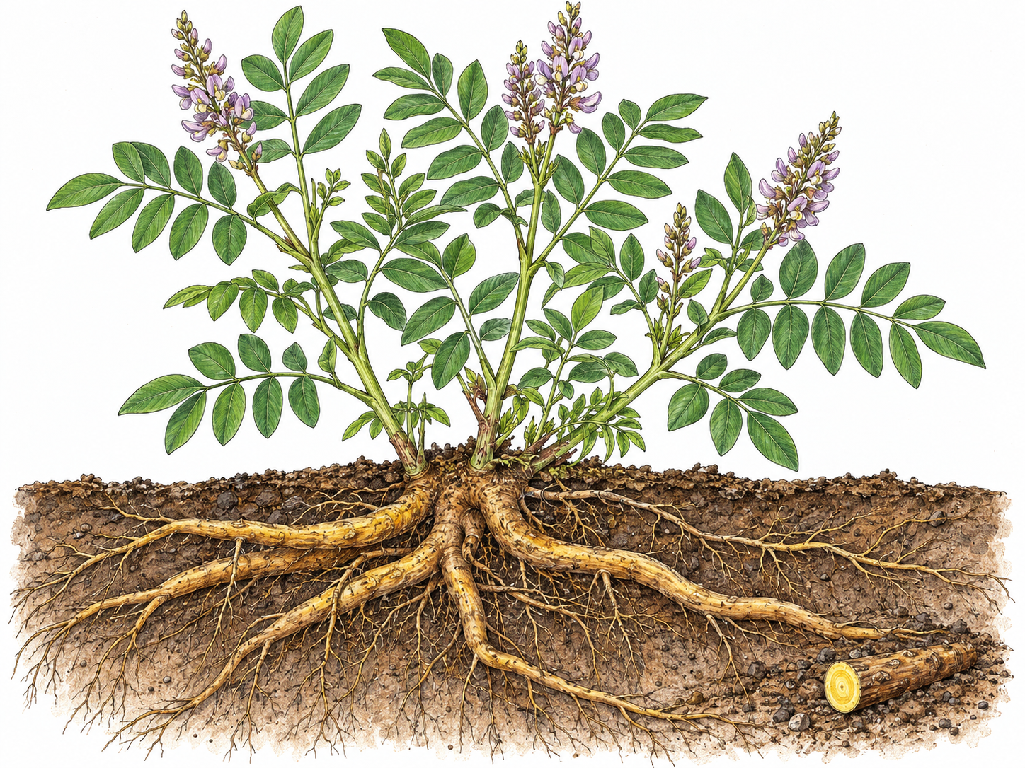 A licorice plant with compound leaves and pale violet flowers above connected yellow-brown roots.