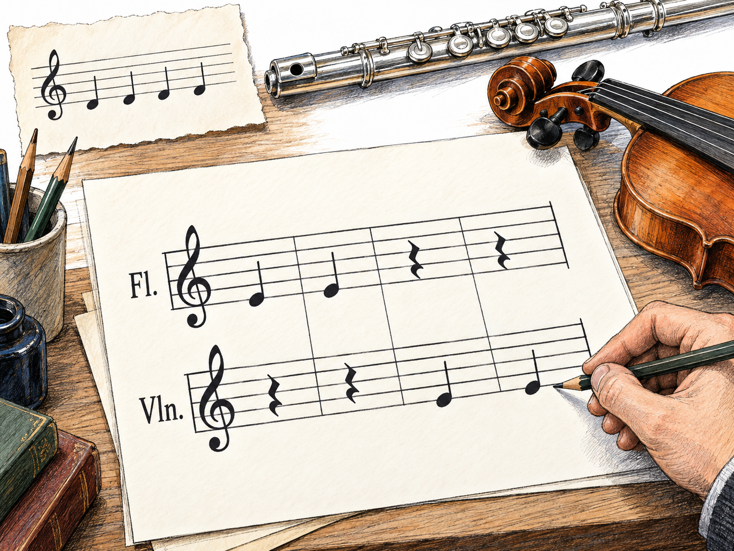 A composer divides four notes between flute and violin parts on a score.