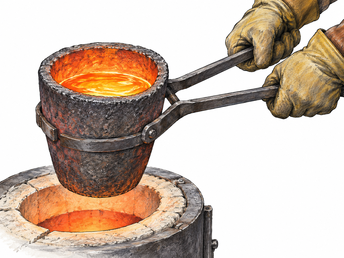 A ceramic crucible glows at the rim inside a small furnace as a metalworker lifts it with long tongs; molten metal is visible inside the heat-resistant vessel.