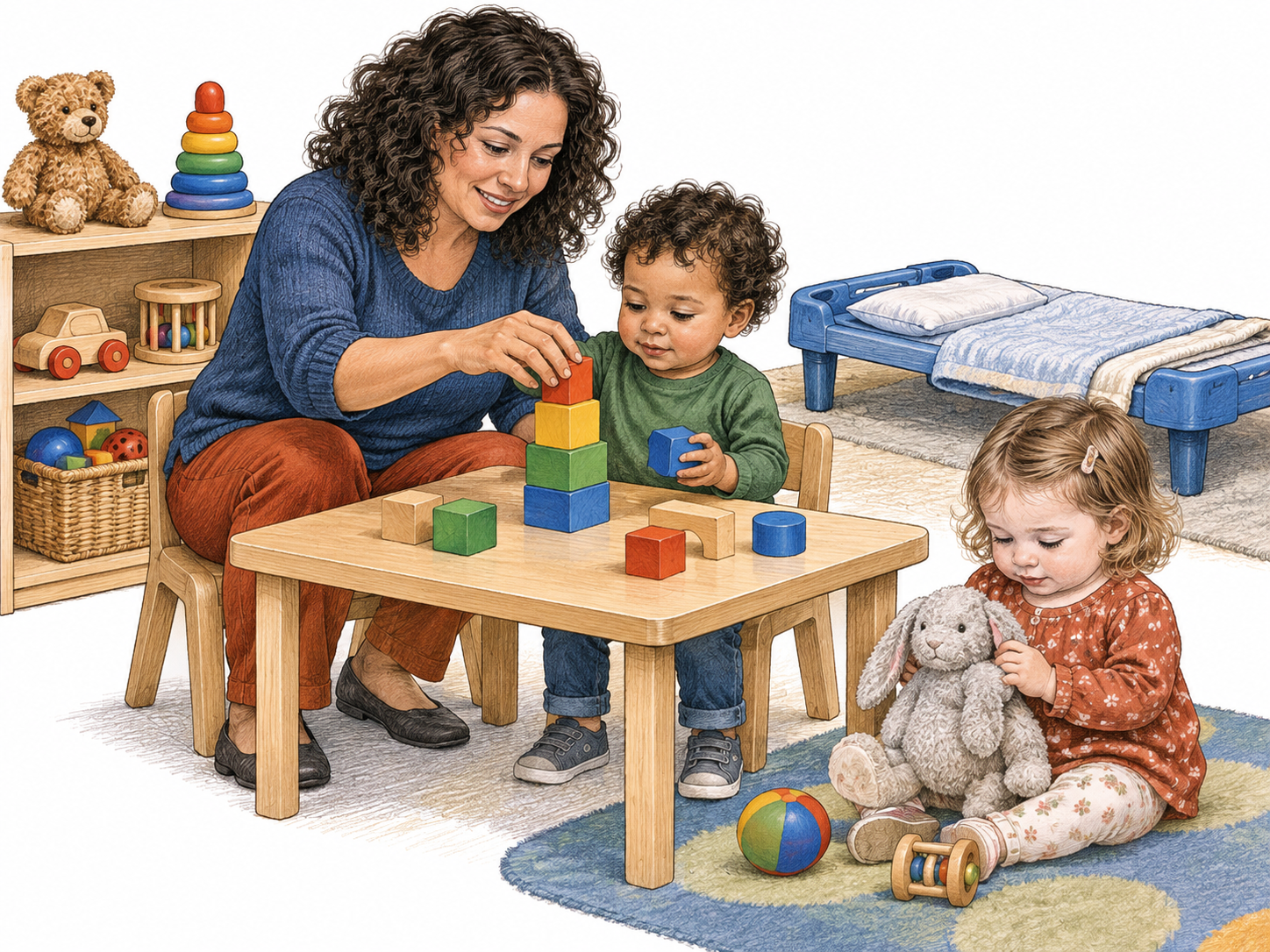 A caregiver supervises two toddlers in a childcare room with toys and a small nap cot.