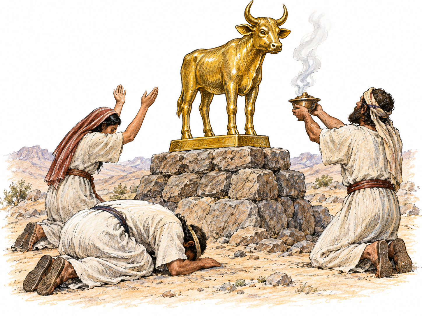 People bow, prostrate themselves, and offer incense before a golden calf idol.