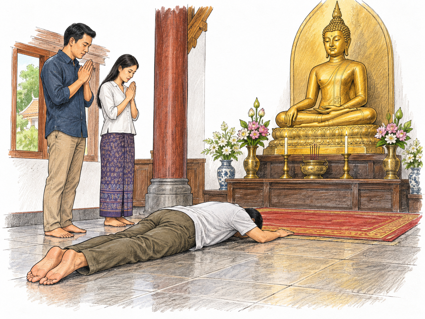 A worshiper lies face down before a Buddha shrine while two others stand with palms together.