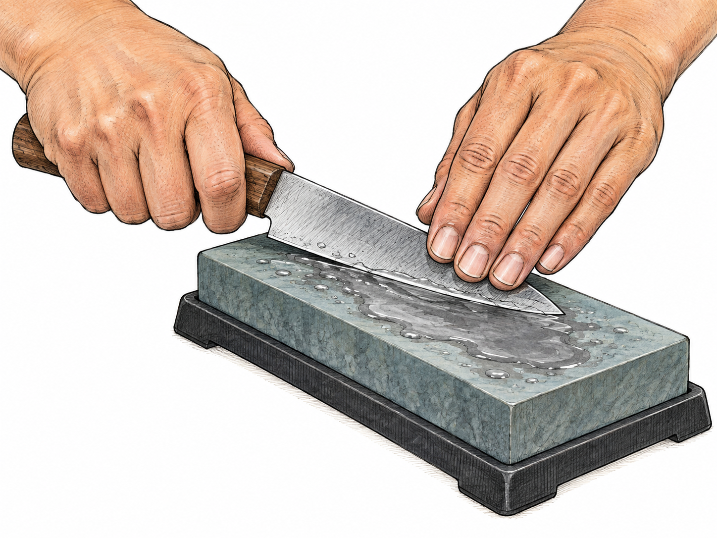 Hands sharpen a knife edge against a wet sharpening stone.
