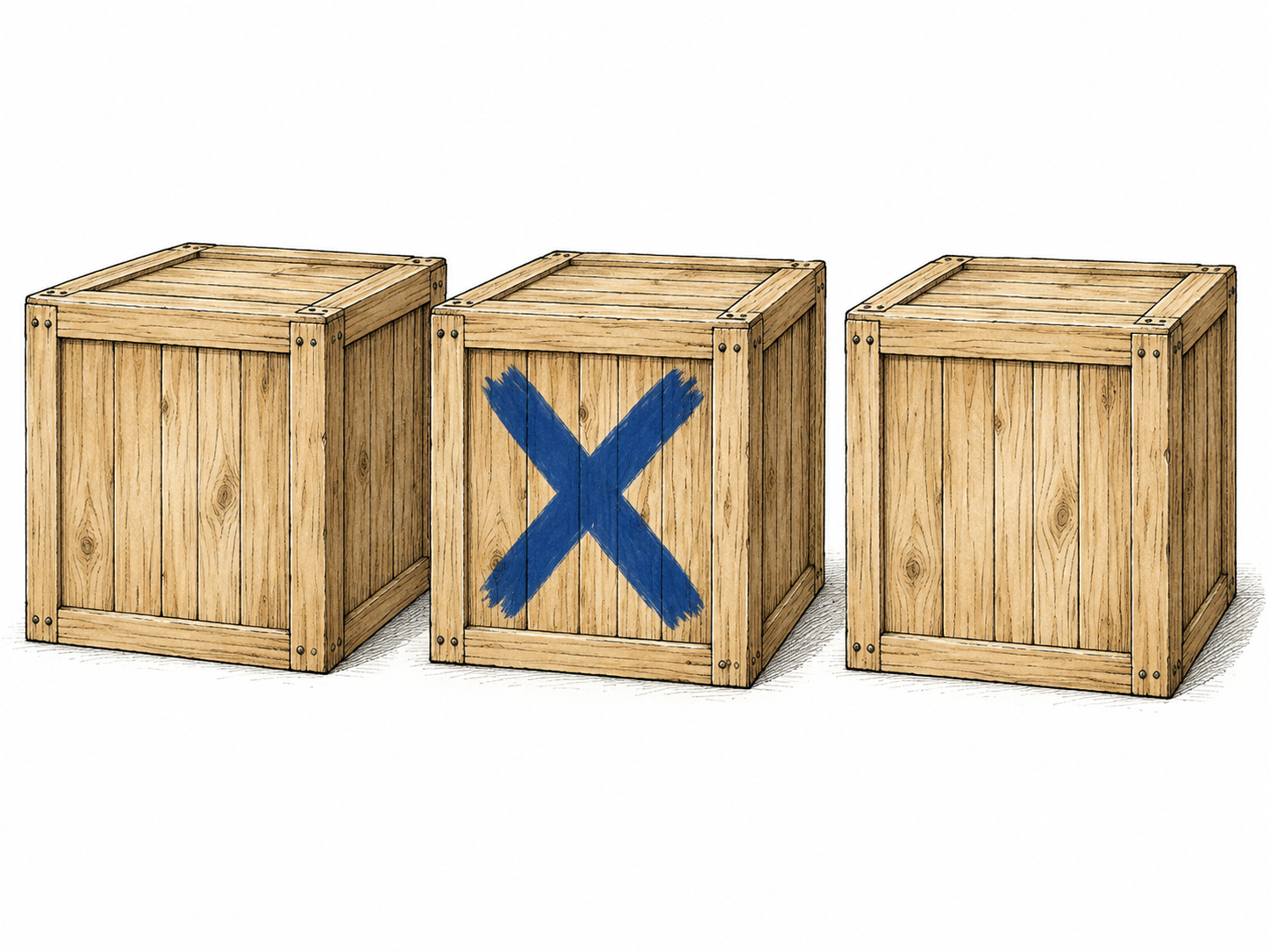A blue painted cross identifies one wooden crate among three matching crates.