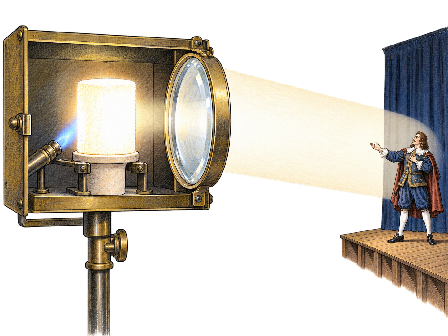 A flame heats a lime cylinder to a white glow, and a lens directs its light onto a stage performer.