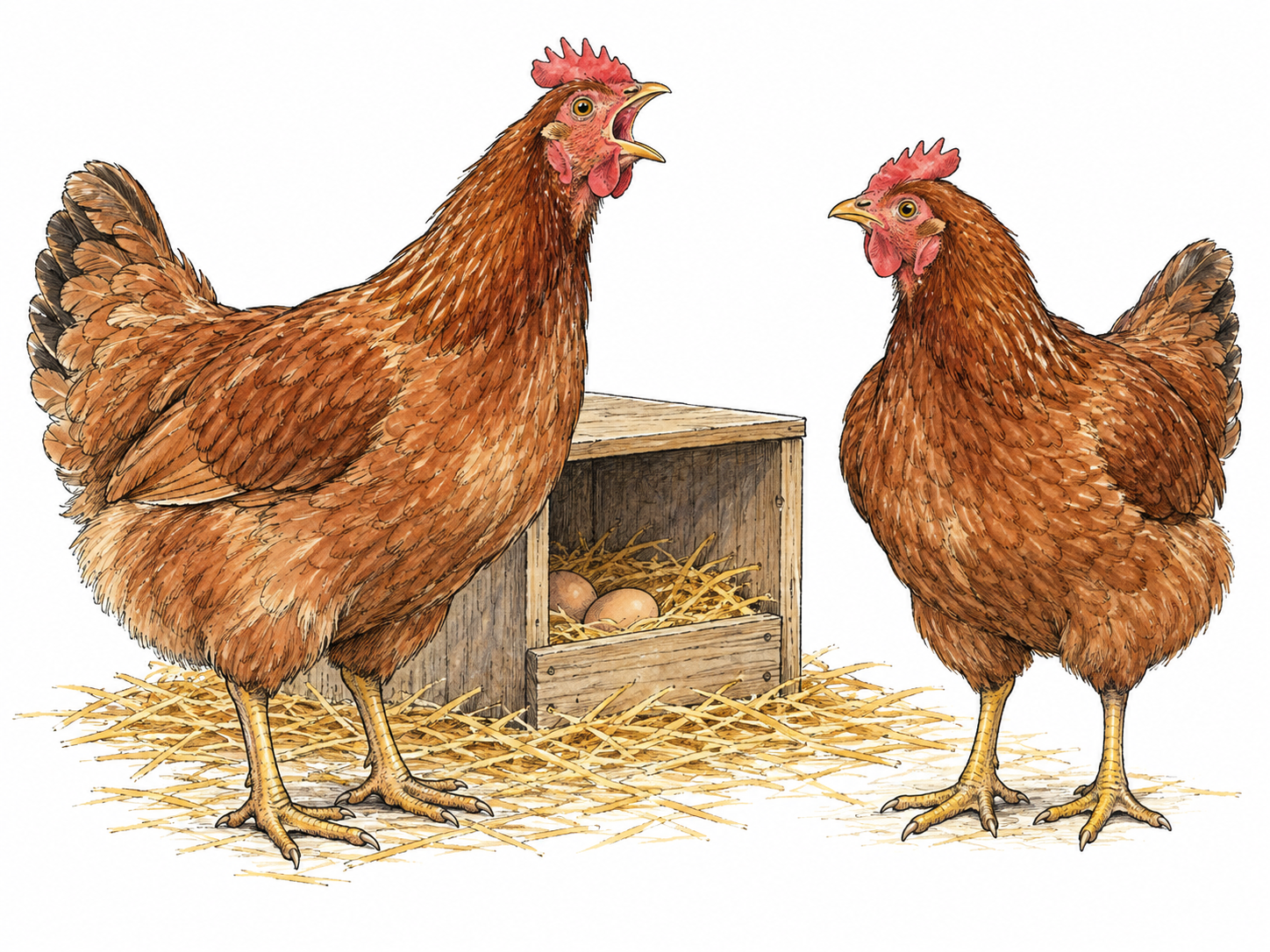 A hen stands beside its nesting area with beak open and throat extended while another hen turns toward it; use a tight bird-focused composition.