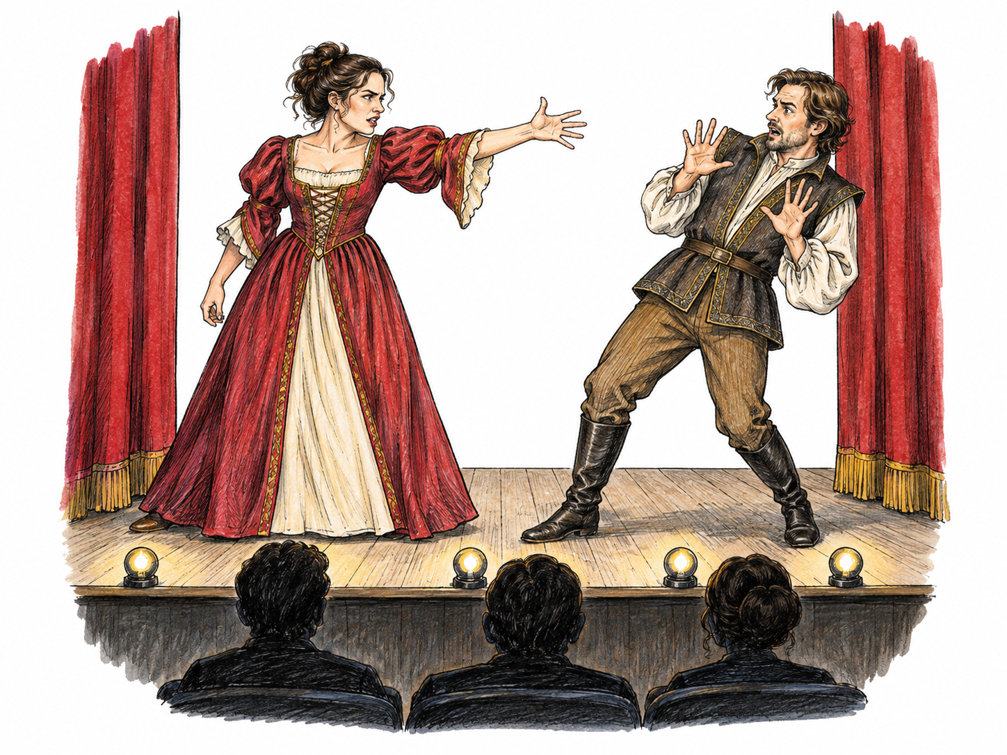 Two adult actors perform an expressive confrontation on a small stage with visible curtain wings, footlights and a few audience silhouettes.
