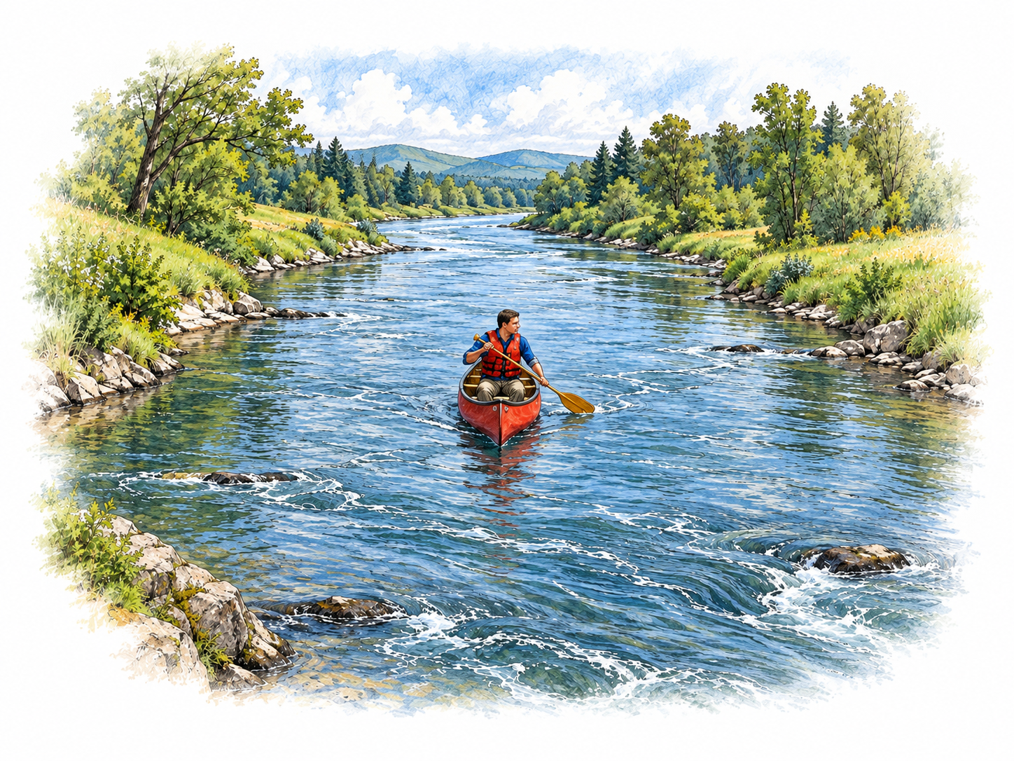 A canoeist paddles in the middle of a flowing river, well away from both banks.