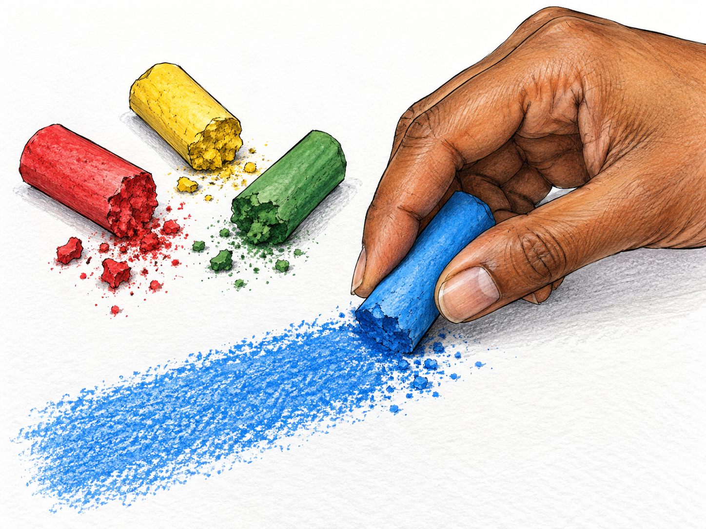 Crumbly colored pigment sticks and dust.