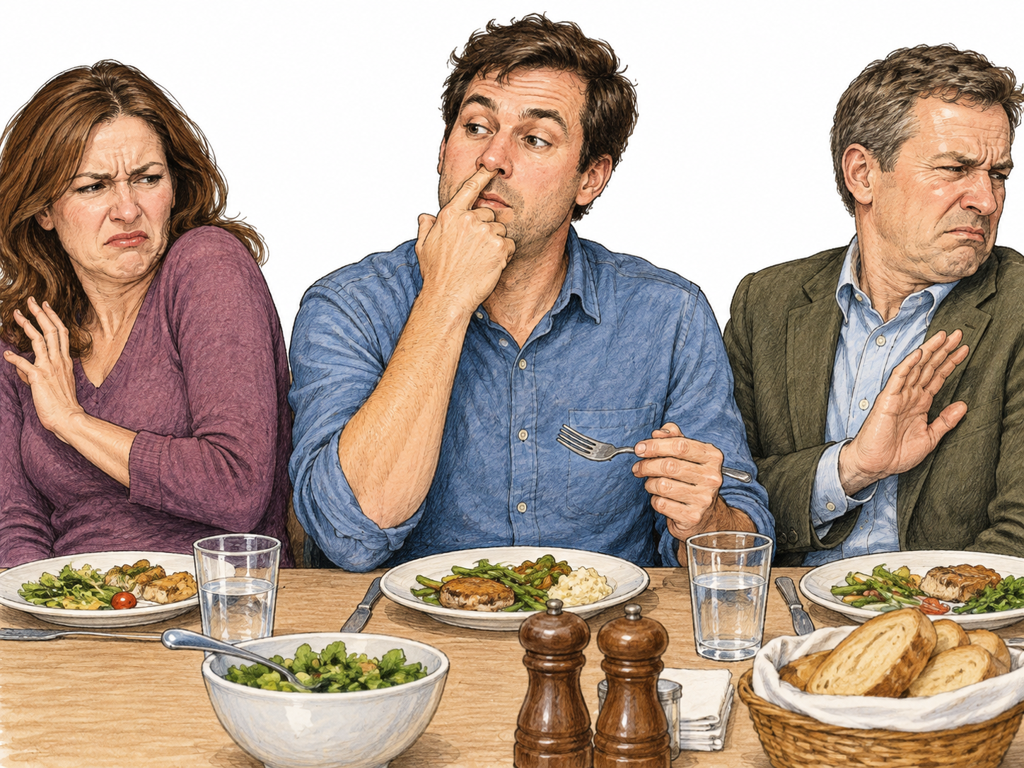 A man picks his nose at dinner while two other guests recoil in disgust.