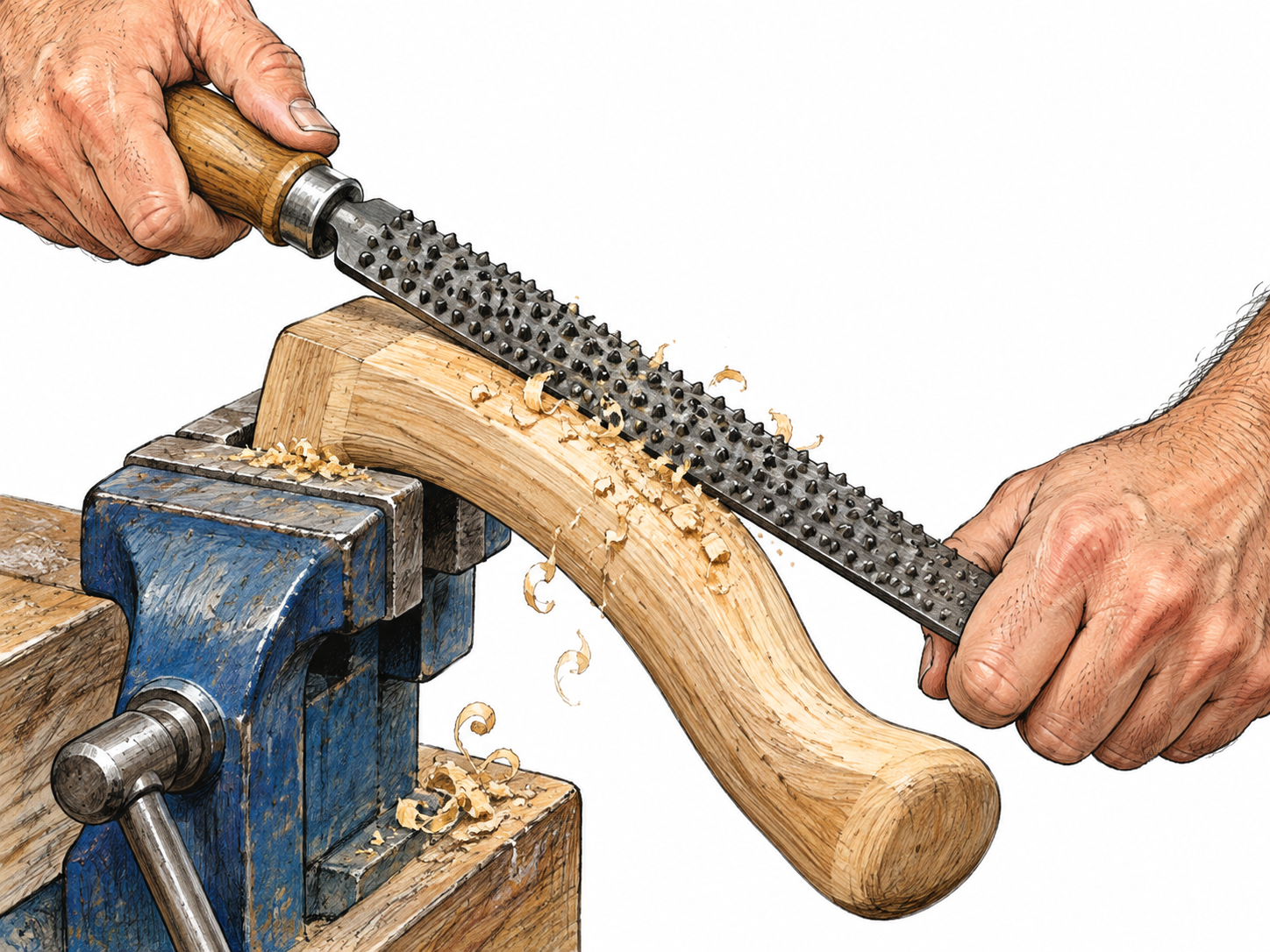 Coarse individually raised teeth on a handle-mounted file scrape clamped wood with fresh shavings.