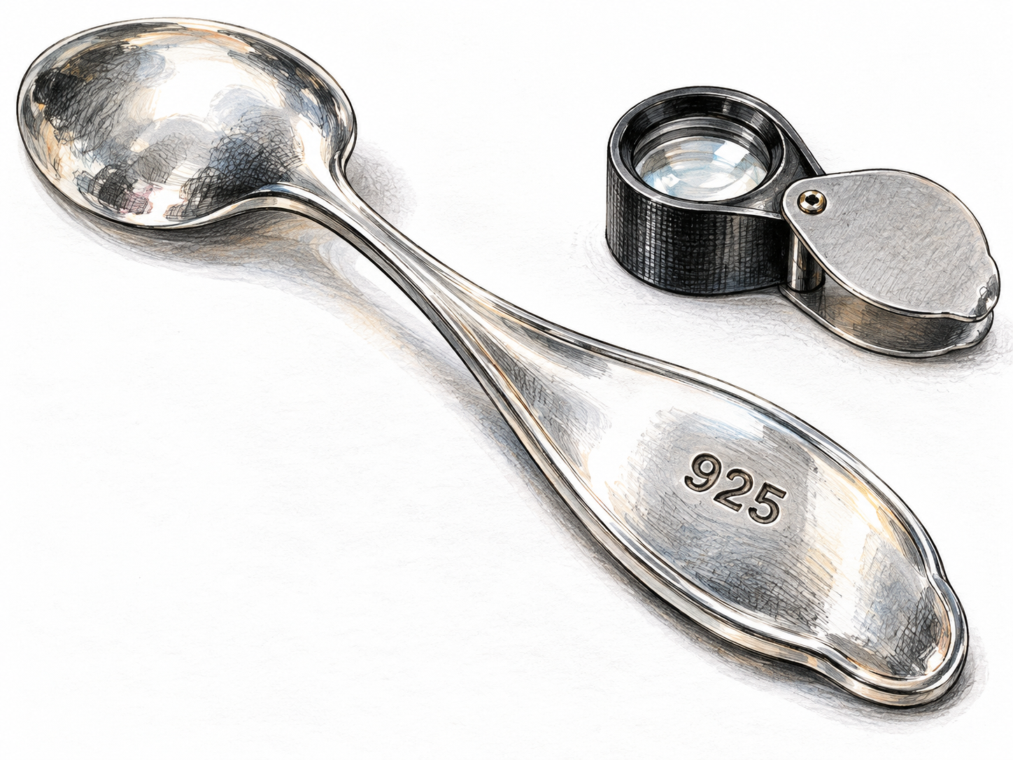 A silver spoon bears the intrinsic 925 purity hallmark beside a jeweler’s loupe.
