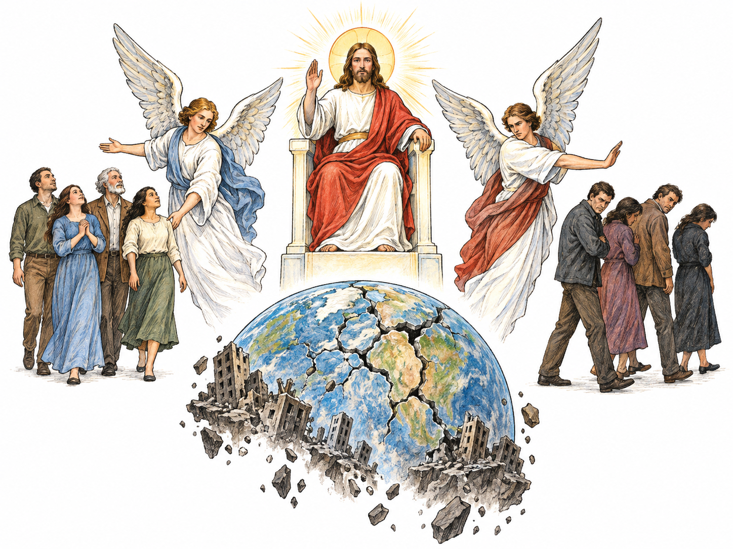 A clearly imaginary Last Judgment scene combines a collapsing world below with a celestial judge above and people visibly separated into two groups by angelic guides; keep people small and non-graphic.