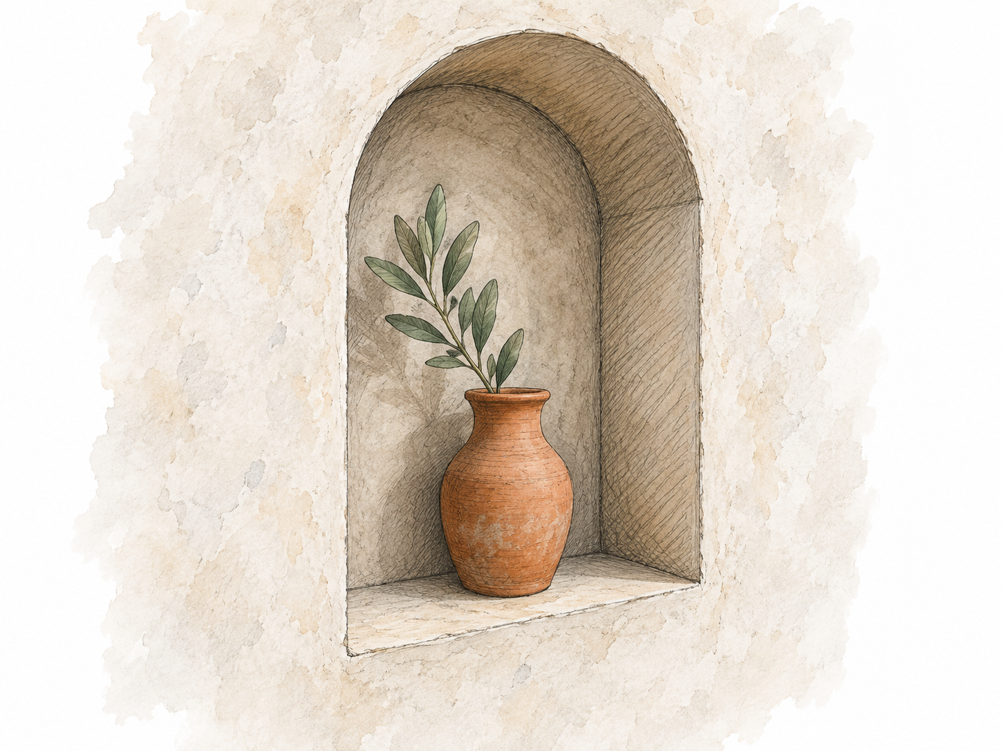 A terracotta vase stands inside a shallow arched recess in a plaster wall.
