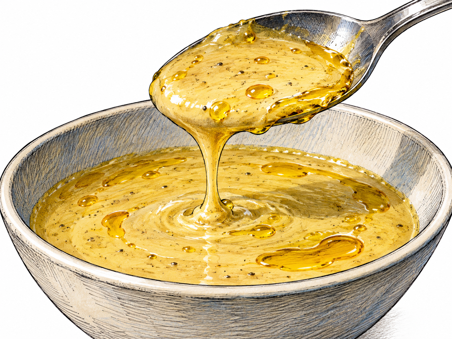 Thick sauce coats a spoon, with oil beads and a slick visible on its surface.