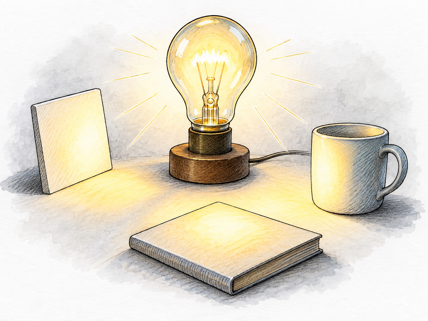 A glowing bulb sends light outward onto nearby objects.