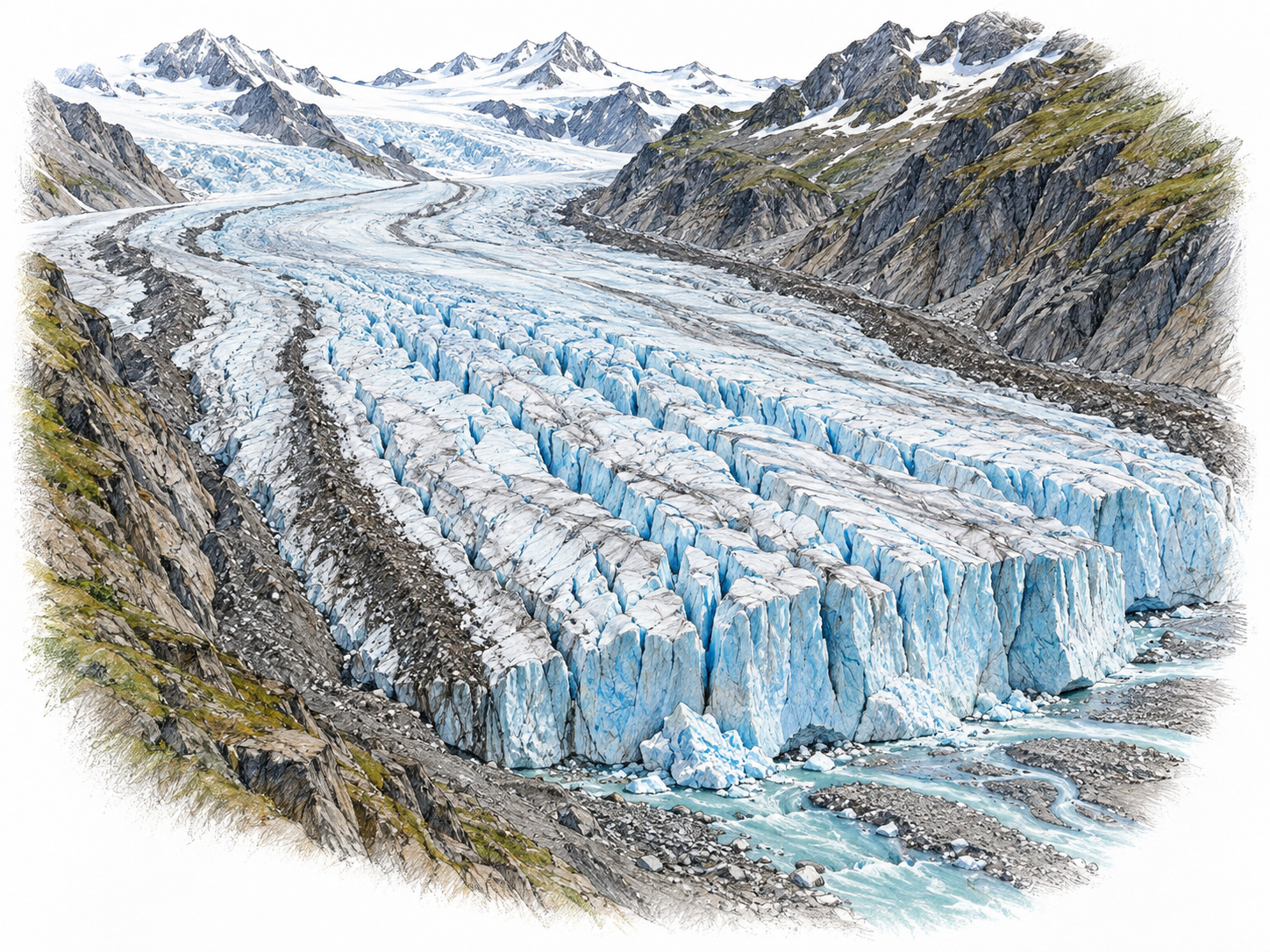 A crevassed valley glacier lies between rocky slopes above a meltwater stream.