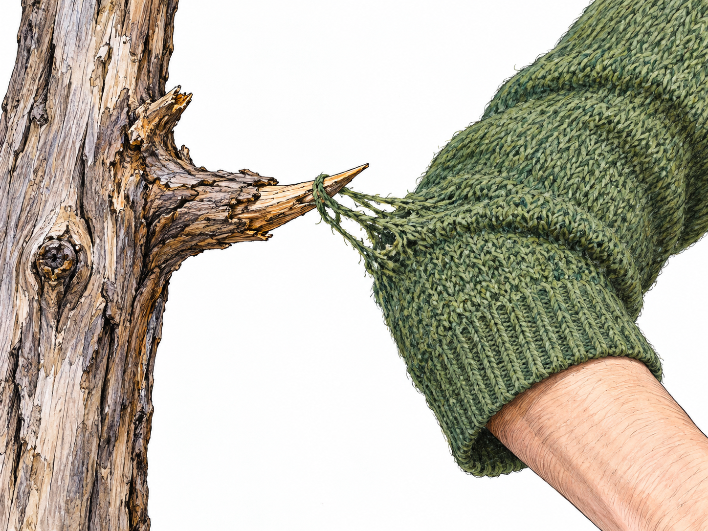 A sharp broken branch catches and stretches the yarn of a green sleeve.