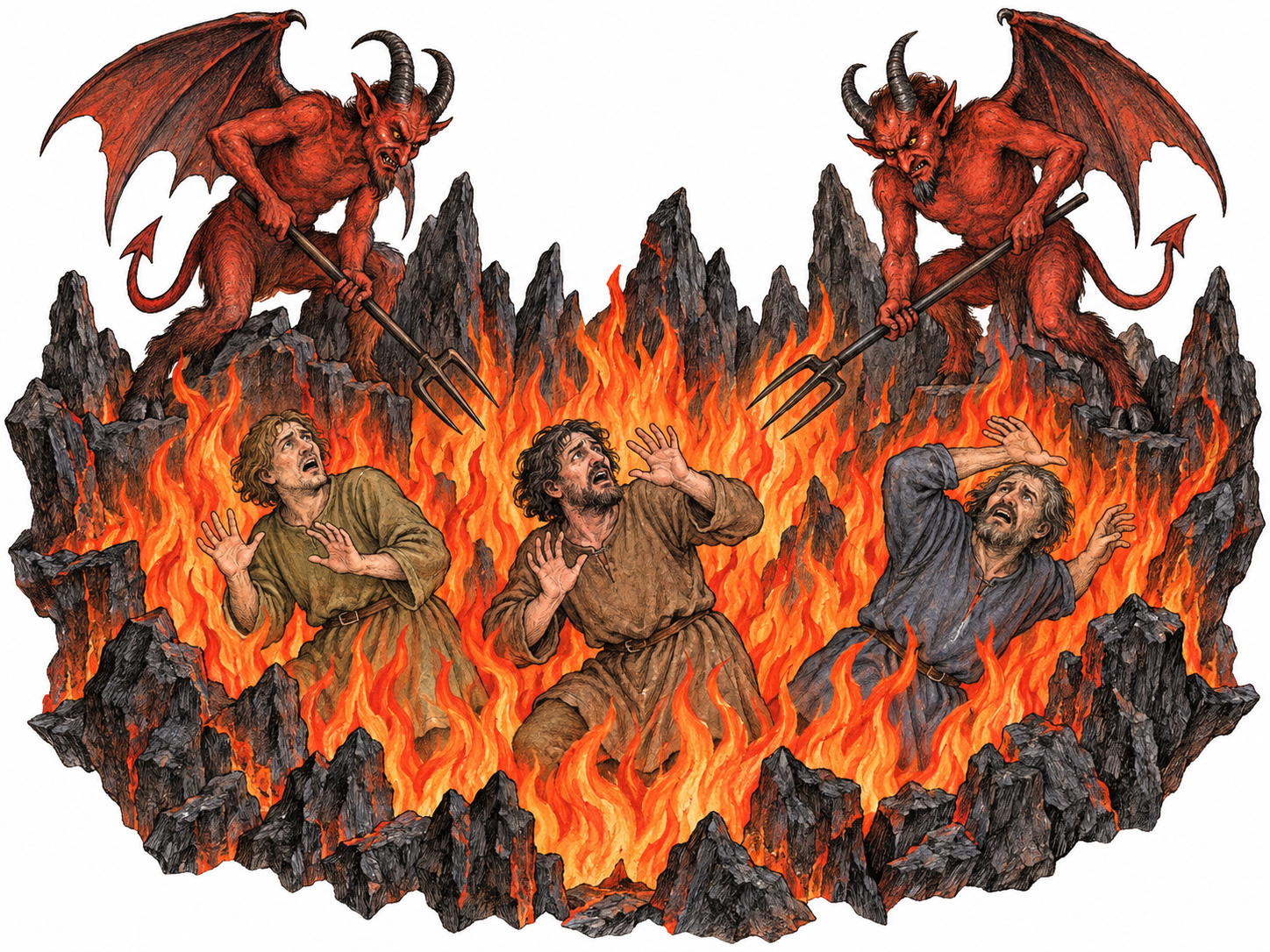 Horned demons menace distressed souls surrounded by flames in an imagined hell.