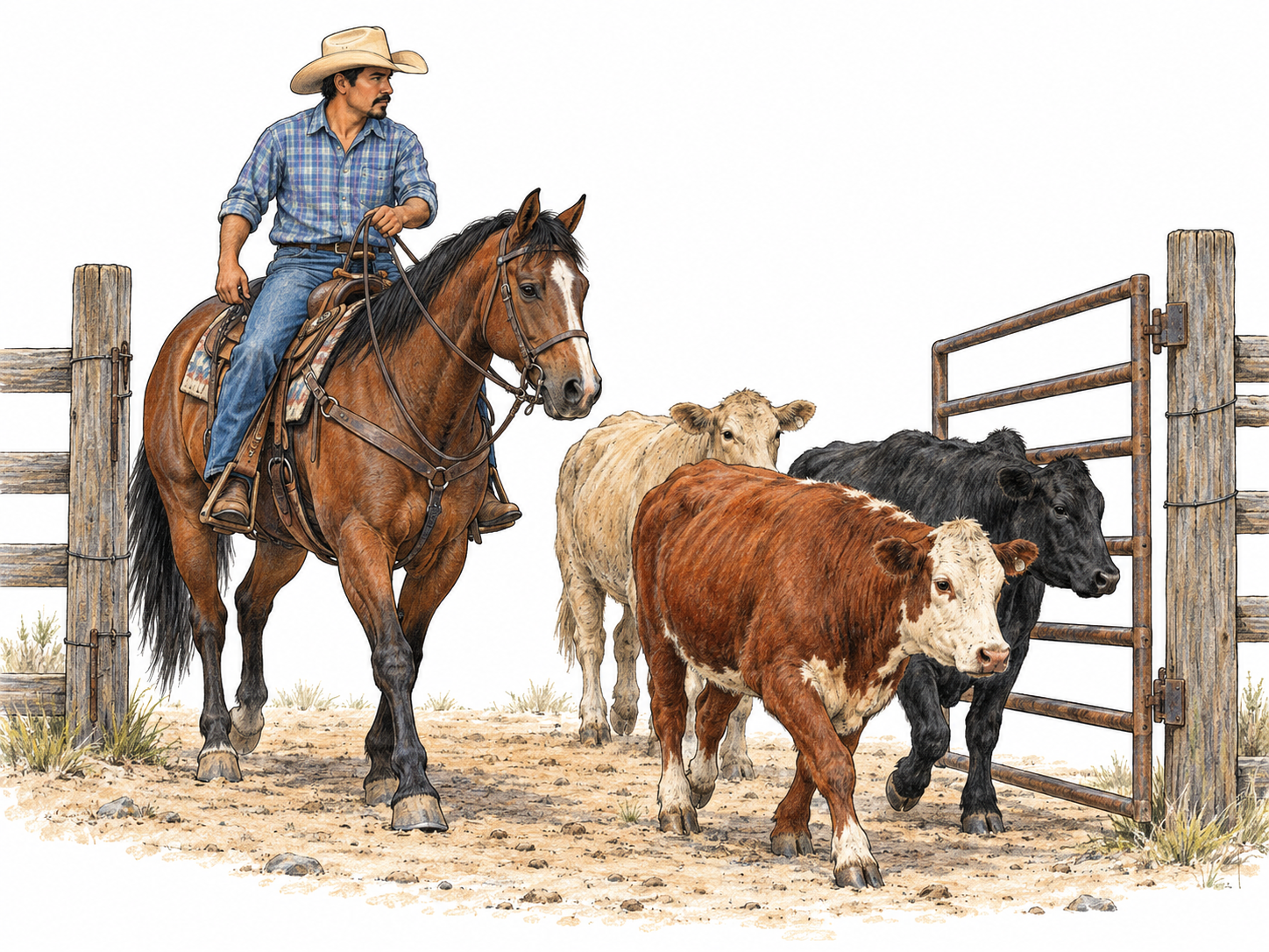 An adult working cowboy on horseback calmly guides several cattle through an open ranch gate, with reins and cattle movement clearly readable.