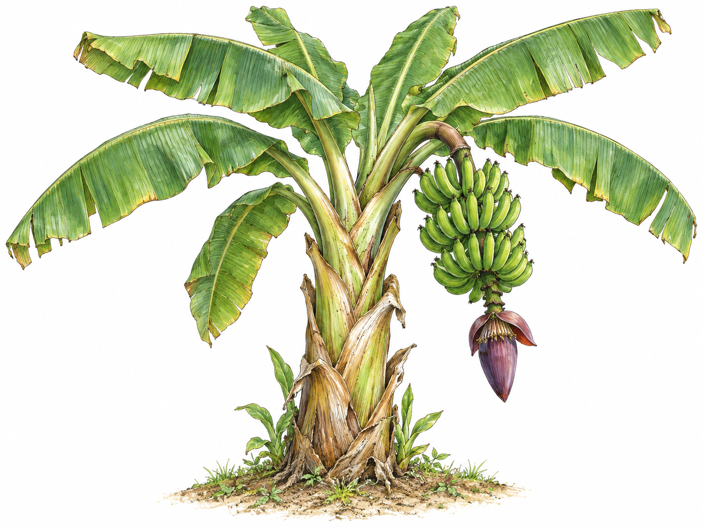 A banana plant has broad green leaves, an attached bunch of green fruit, and a hanging purple flower.