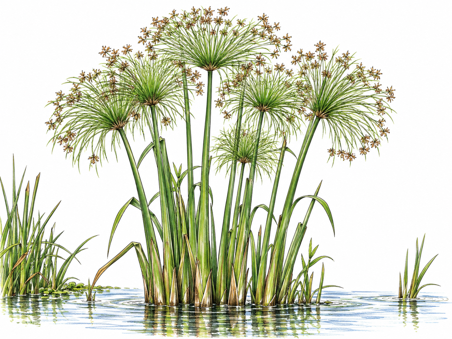 Tall rooted aquatic stems rise from shallow water to radial fine-stalked umbrella crowns.