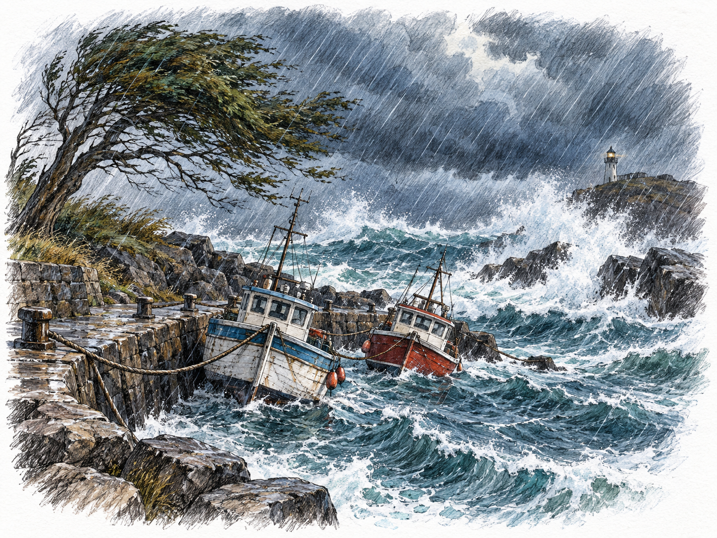 Violent waves and sideways rain batter boats while a tree bends in the wind.