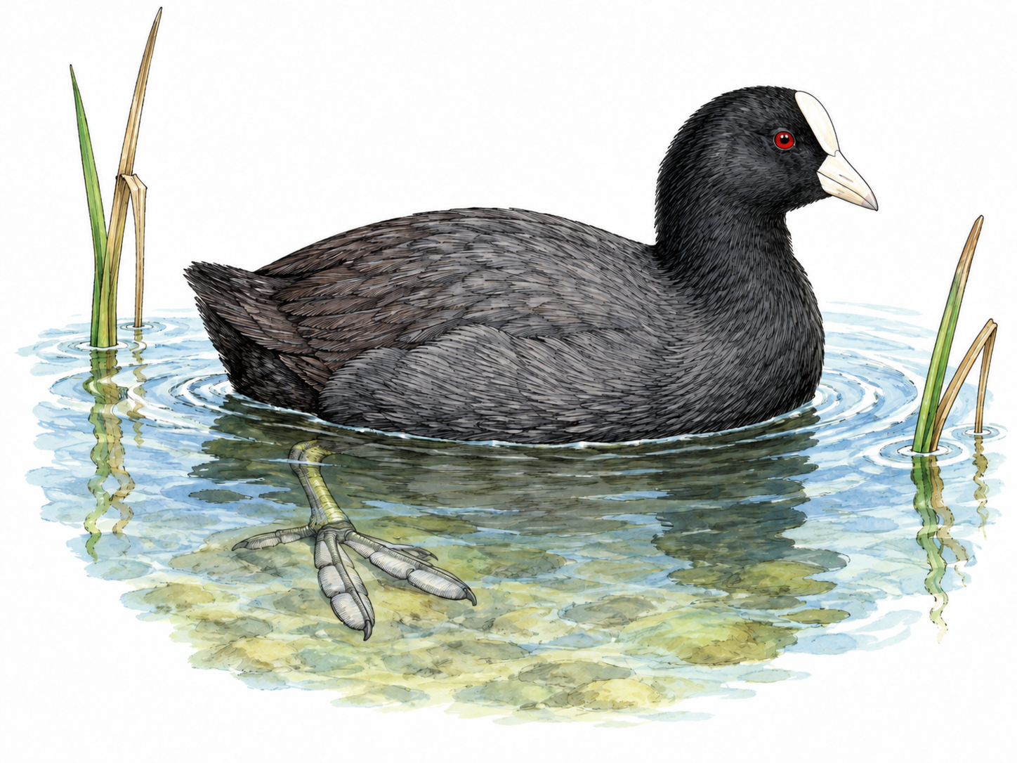 A dark coot swims in shallow water, with its pale bill and pale frontal shield clearly visible and lobed toes hinted through clear water.