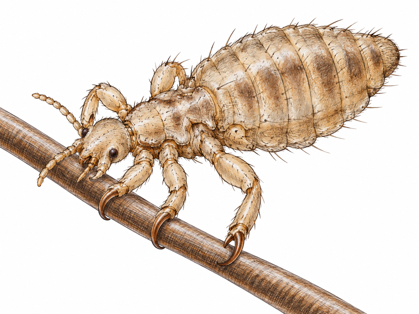 A magnified natural-history illustration shows one small six-legged parasitic louse gripping a human hair, with clear clawed legs and flattened segmented body.