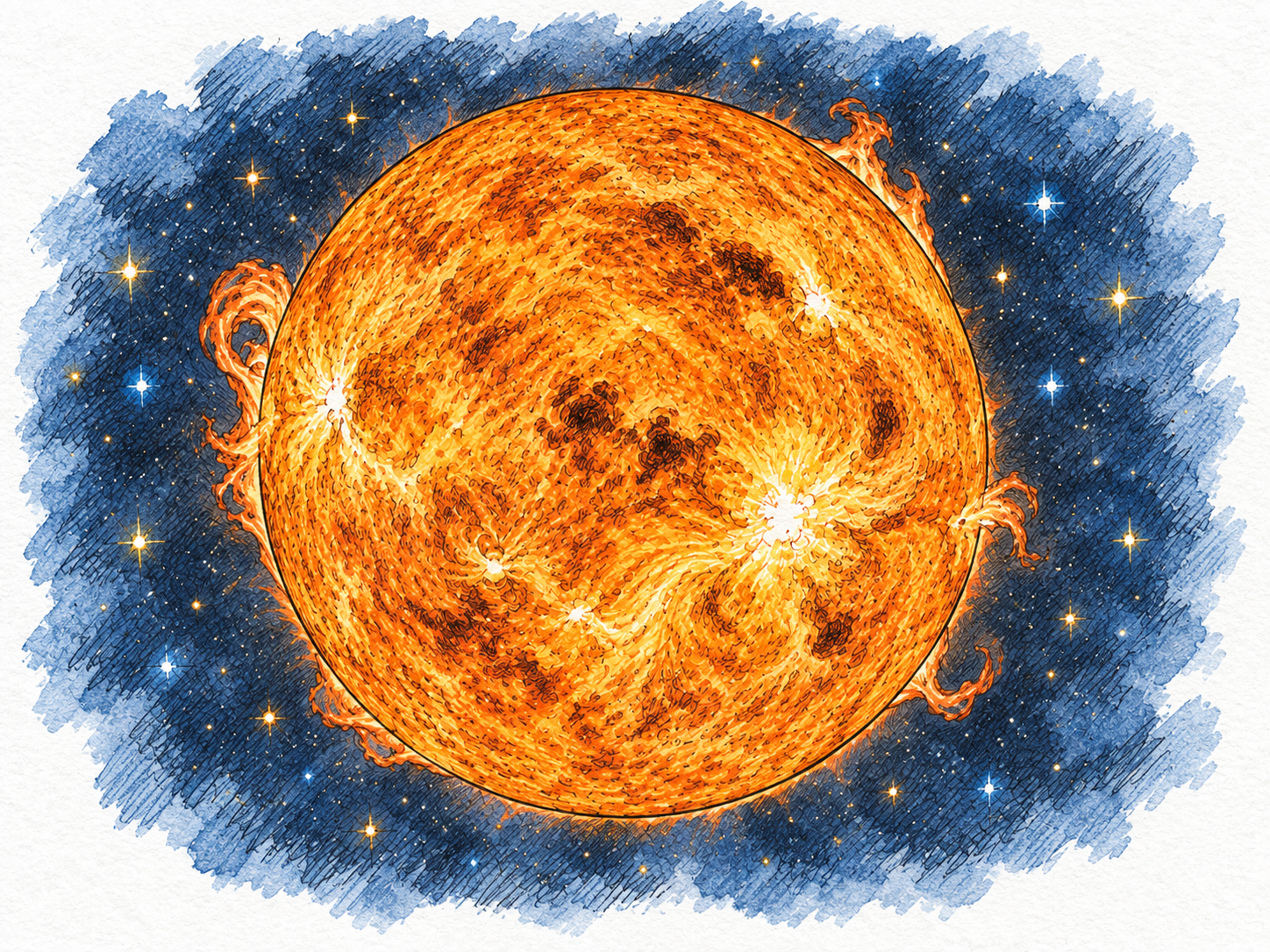 An orange star with a luminous textured surface and smaller distant stars.