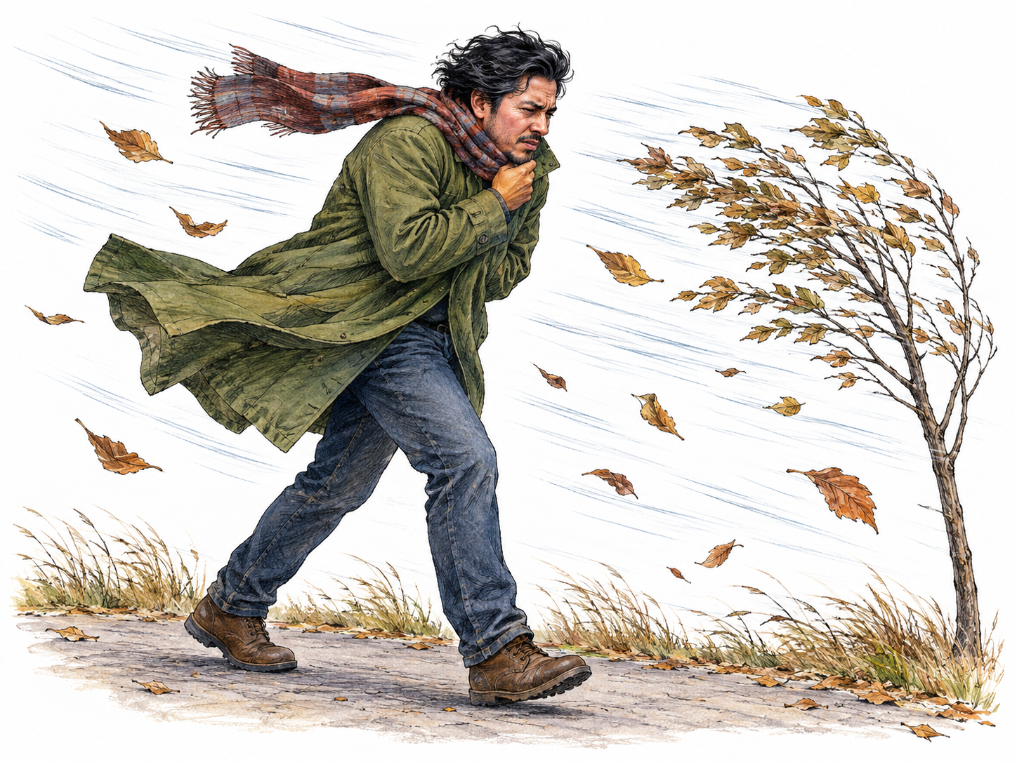 A man braces against strong wind that bends a tree and whips his scarf and coat sideways.