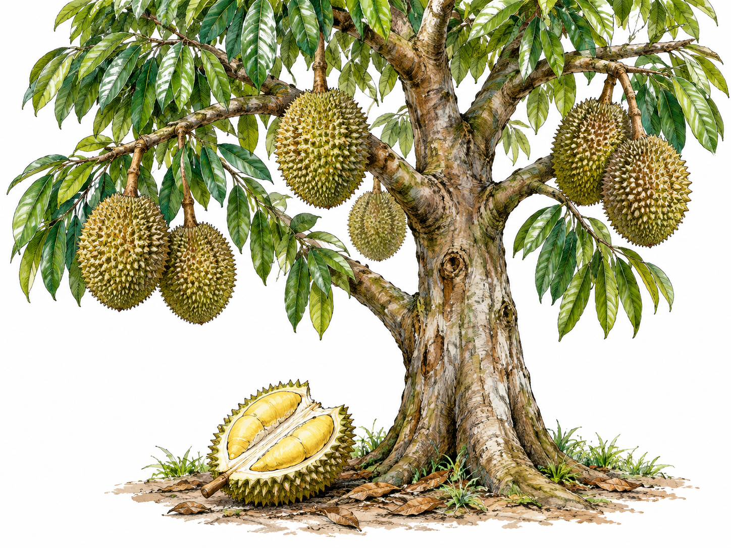 A whole tropical durian tree with glossy leaves and large thorn-covered fruits attached to substantial branches; a single opened fallen fruit exposes pale flesh.