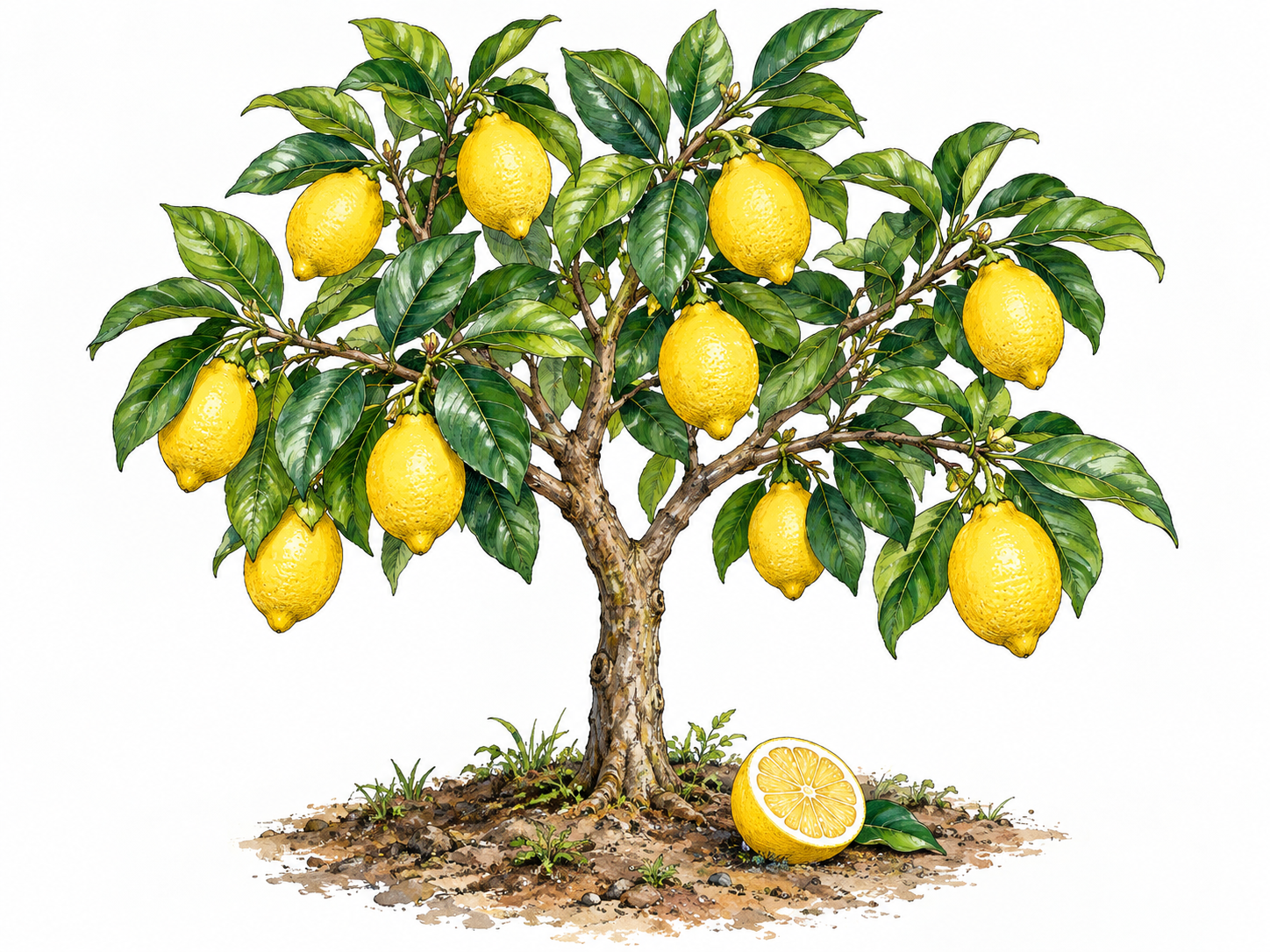 A small lemon tree with glossy leaves and thick-rinded yellow fruits attached; one cut fruit on the ground exposes juicy radial segments.