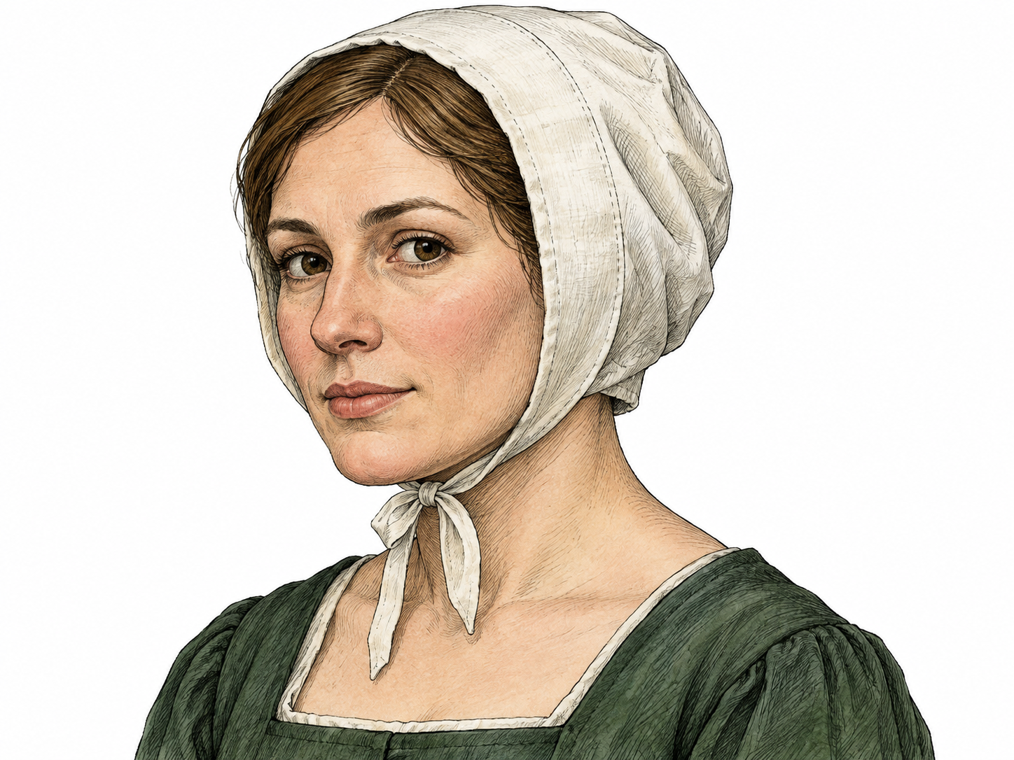 A close portrait of an adult wearing a plain close-fitting linen cap that encloses the crown and sides of the head, tied unobtrusively under the chin.