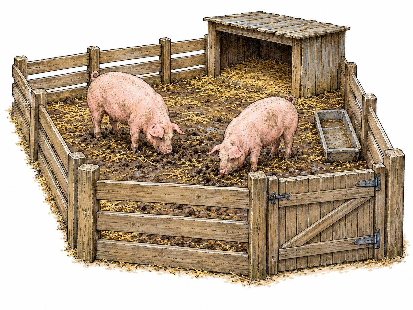 Two pigs occupy a small fenced pen with a shelter, trough and closed gate.