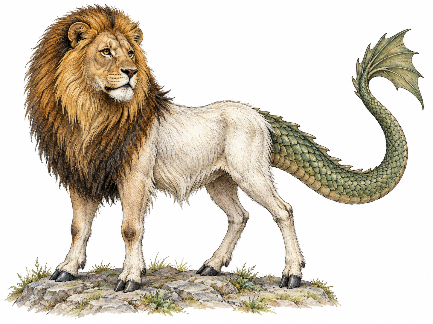 One coherent mythical creature with a lion's head, goat-like torso and scaled dragon tail, rendered with believable animal anatomy within the imaginary combination.