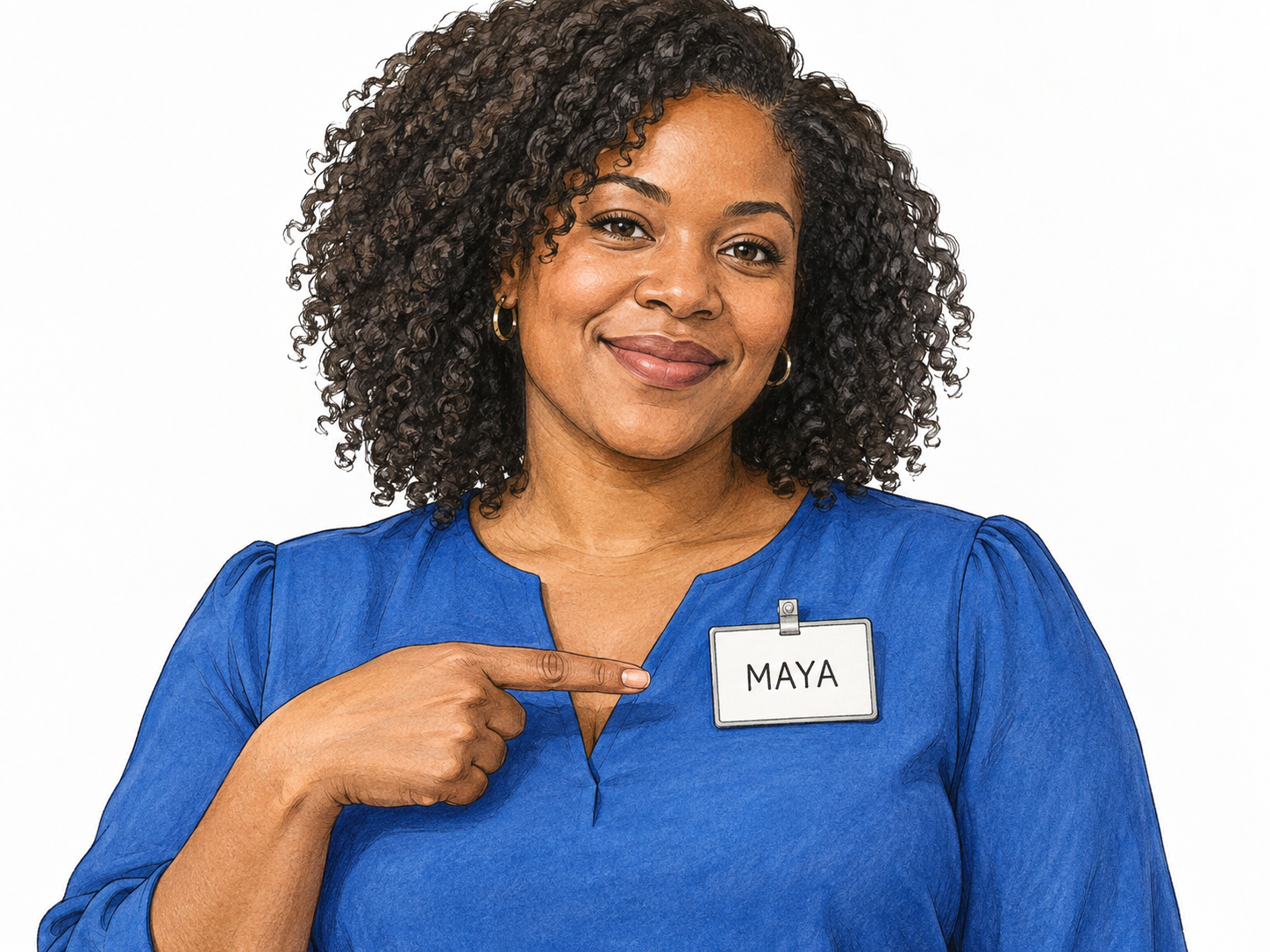 A woman points to an identifying badge bearing the name MAYA.