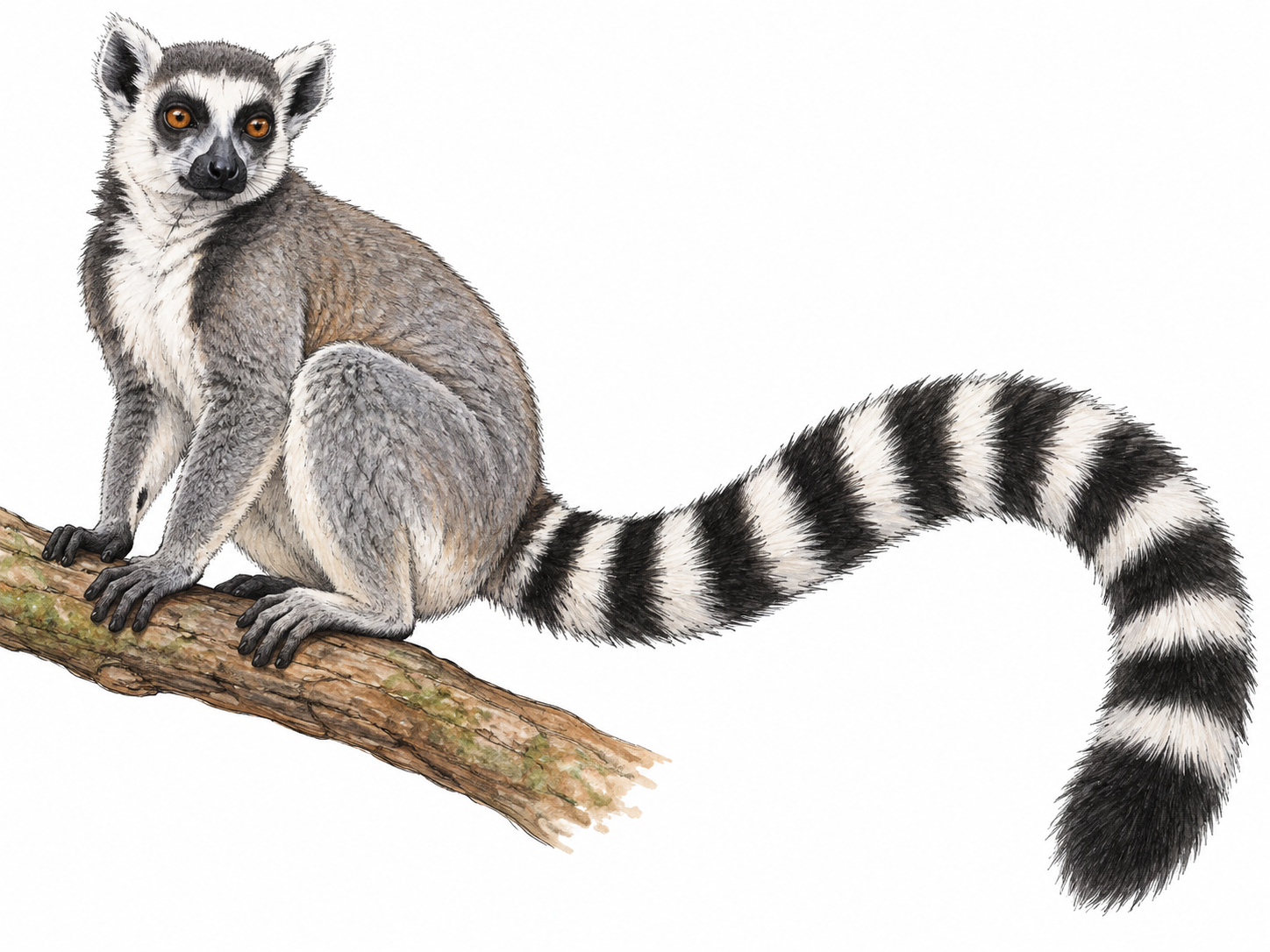 Lemur entire tail extends across frame with alternating encircling black-white fur bands.