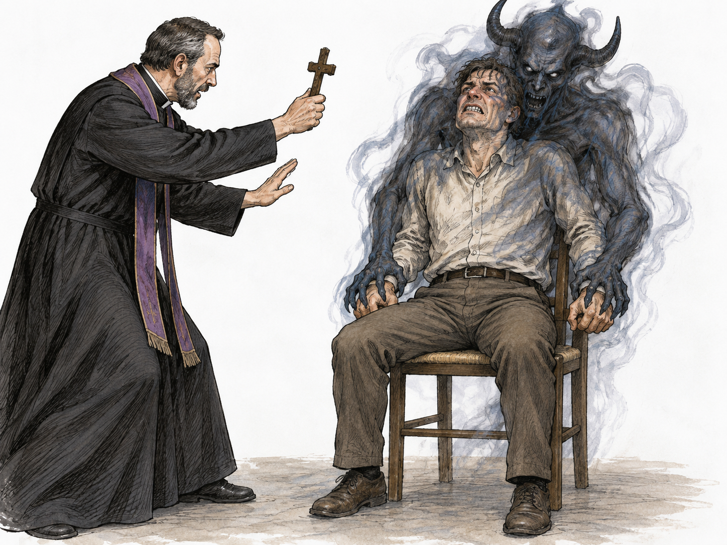 A priest raises a cross before a man shown under the control of a translucent demonic spirit.