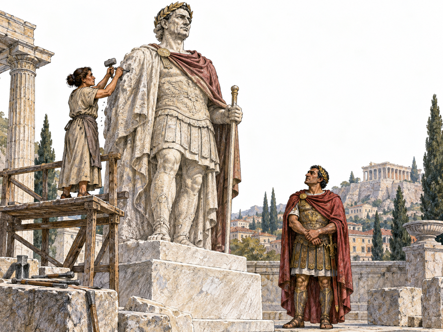 A sculptor carves a towering heroic likeness of the ruler standing beside it.