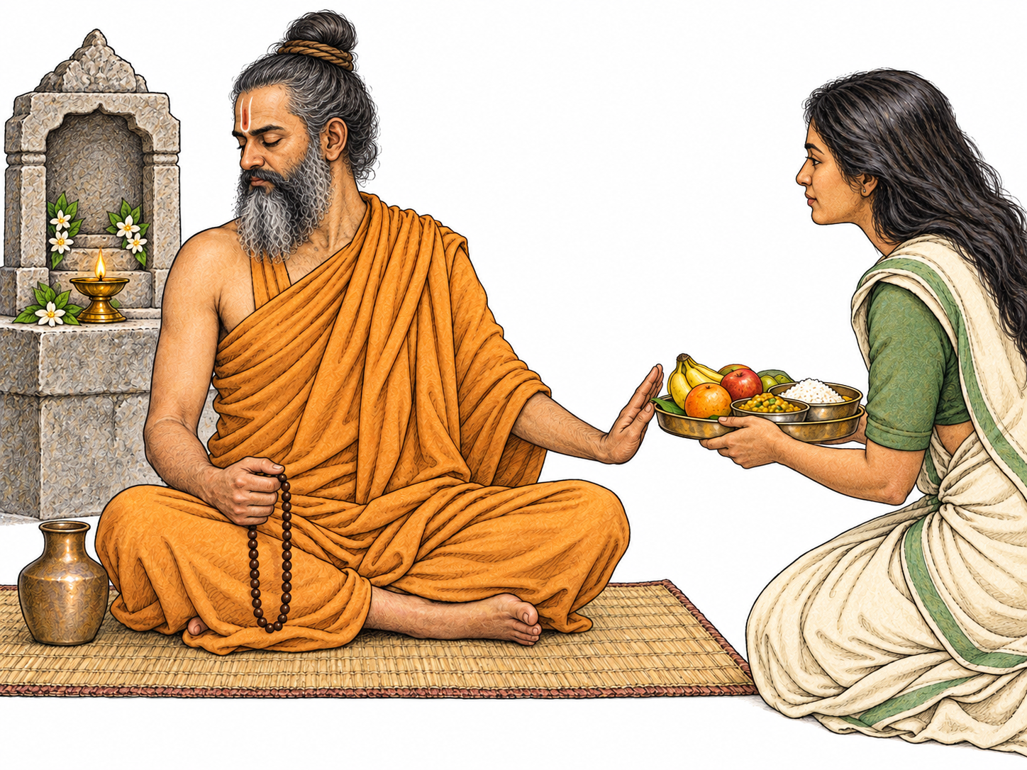 An ascetic turns away and refuses an offered meal while holding prayer beads beside a lamp shrine.