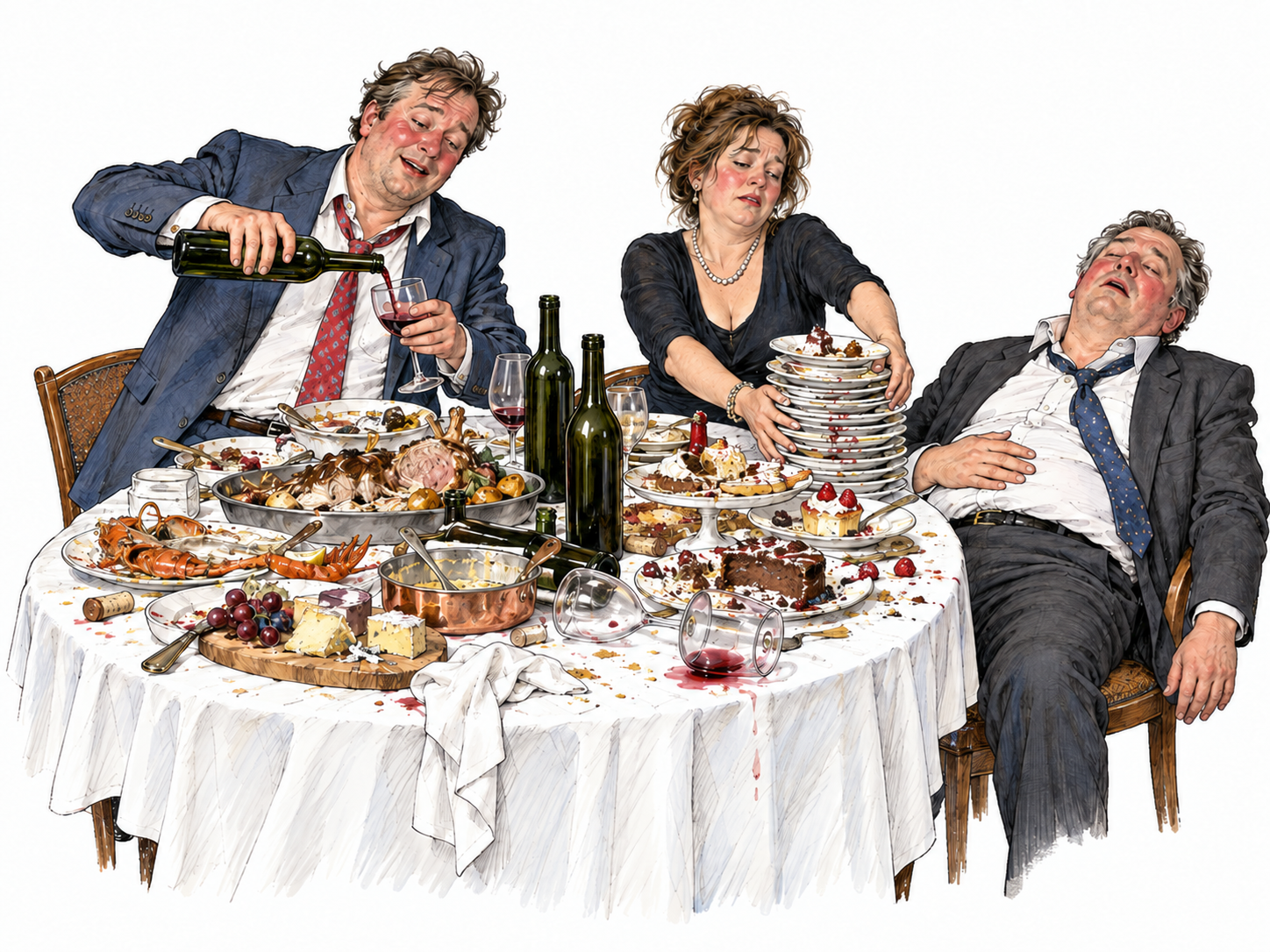 A fictional adult feast at its exhausted end: overflowing wine vessels, many discarded plates and several fully clothed adults still drinking and reclining amid conspicuous excess.